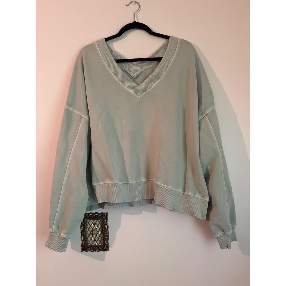 Aerie Oversized V-Neck Sweatshirt XL Sage Green Off The Shoulder Pullover